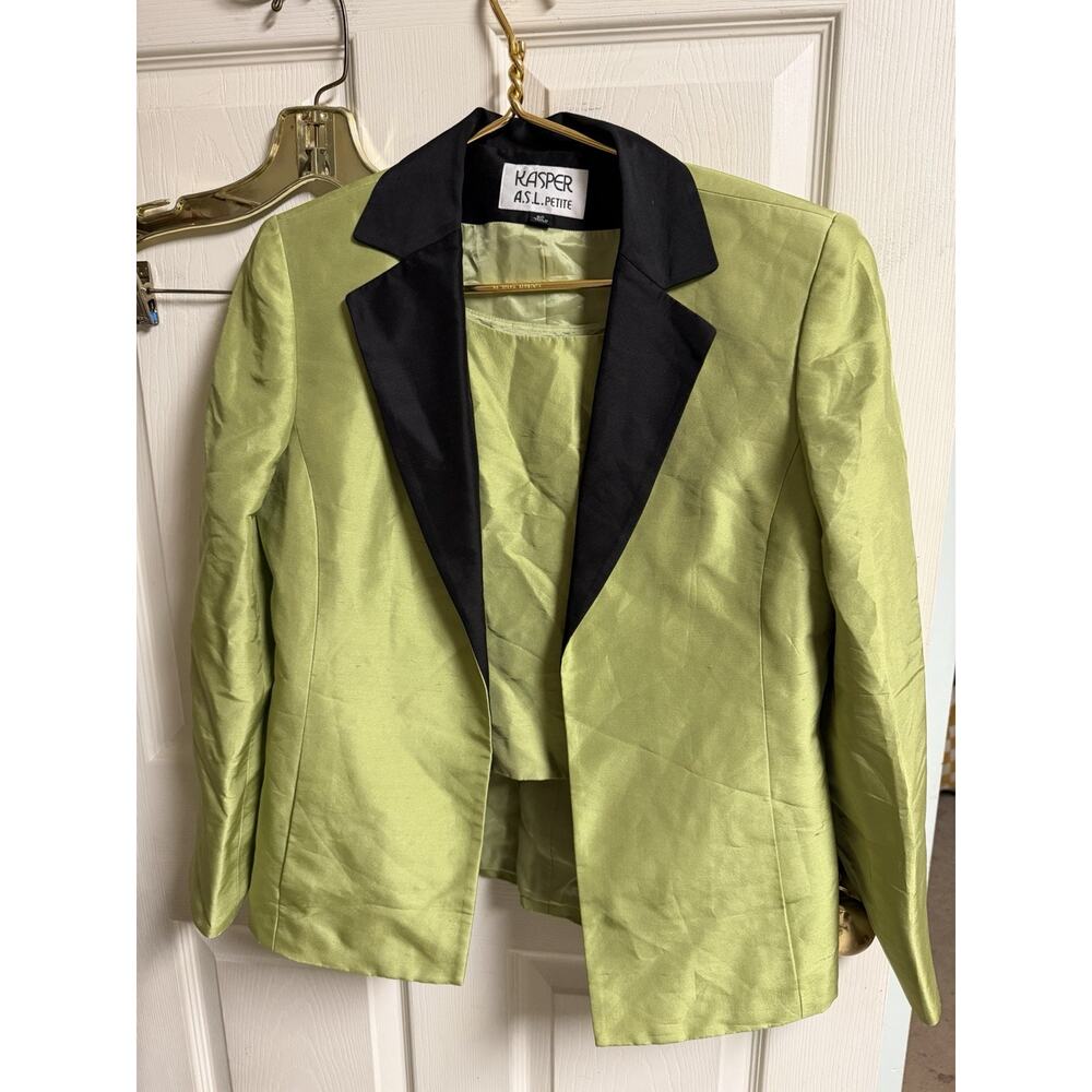90s 80s Kasper 100 Silk Lime Green Rolled Cuff Blazer Sz 8p 2pc Set Crop Top 38w